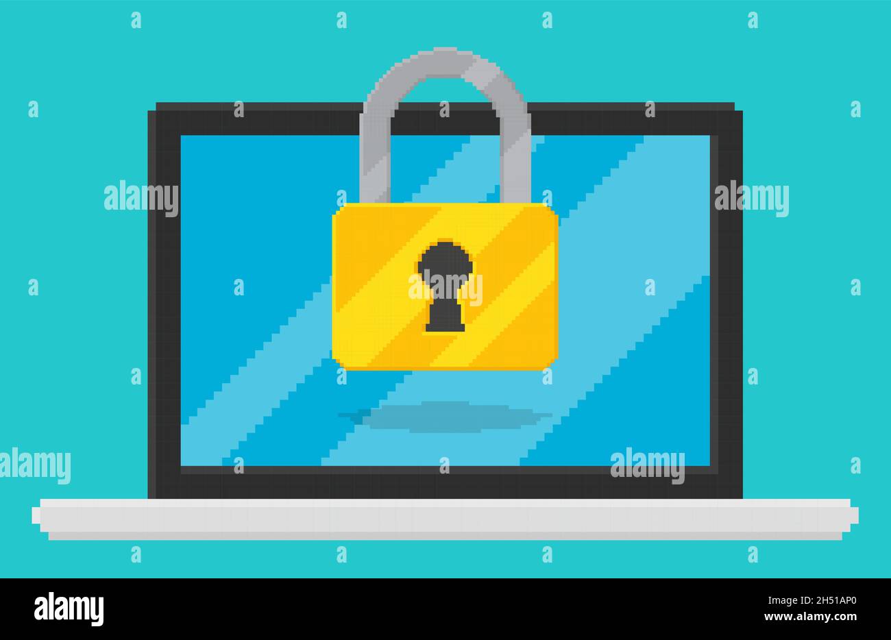 Immagine vettoriale in stile pixel art del blocco sullo schermo del laptop. Illustrazione vettoriale di sicurezza, disegno cartoon piatto PC desktop con, concetto di firewal Illustrazione Vettoriale