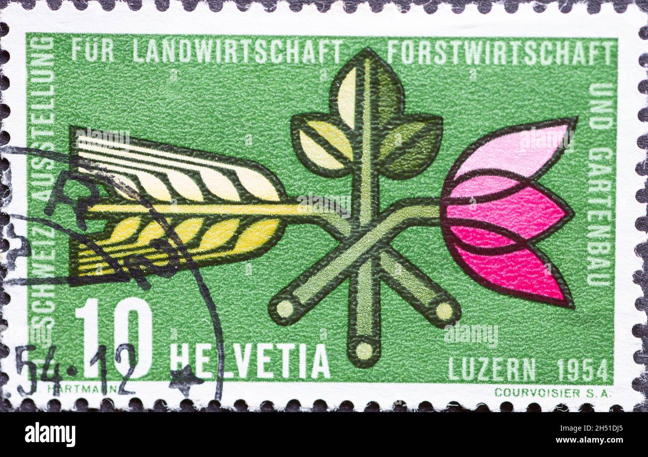 Svizzera - Circa 1954 : francobollo stampato in svizzera che mostra un ramo stilizzato d'onore e di fioritura come simbolo dell'agricoltura, forestr Foto Stock