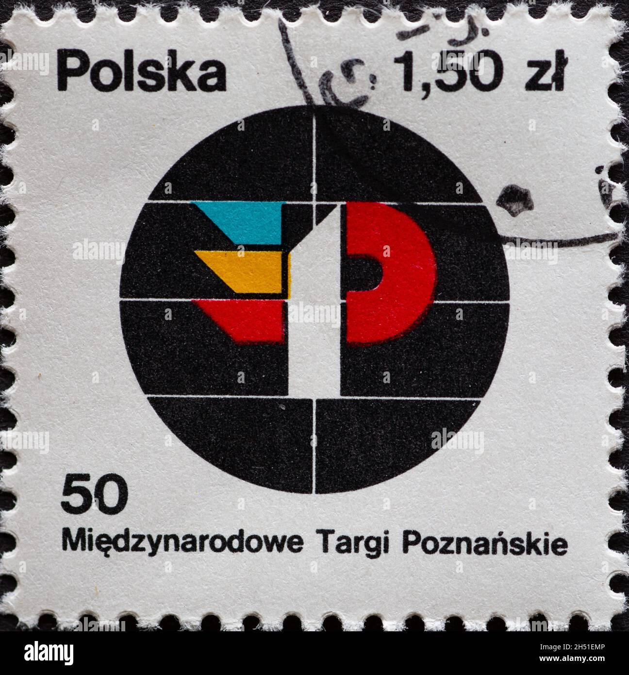 POLONIA-CIRCA 1978 : un francobollo stampato in Polonia che mostra un grafico Embelem P. la 50a Fiera di Poznan Foto Stock