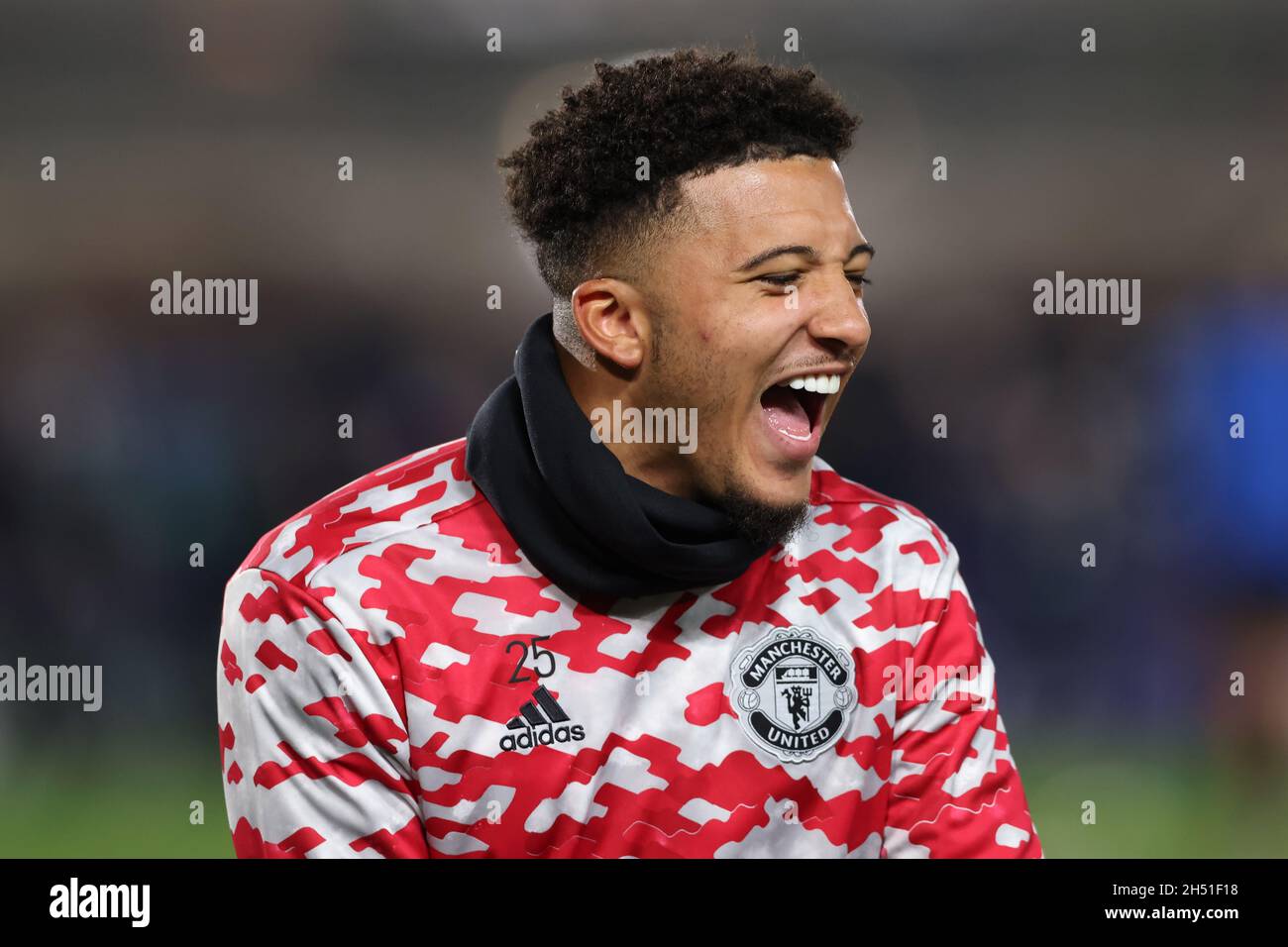 Bergamo, Italia, 2 novembre 2021. Jadon Sancho del Manchester United durante il riscaldamento prima della partita della UEFA Champions League allo Stadio di Bergamo, Bergamo. Il credito d'immagine dovrebbe essere: Jonathan Moscrop / Sportimage Foto Stock