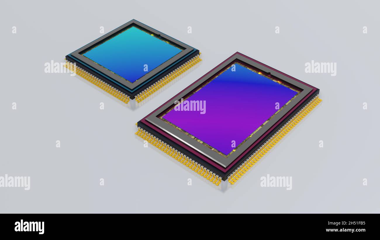 Due fotocamere digitali, sensori smartfone in formato 1:1 e 3:2, vista dall'alto, superficie a matrice iridescente, isolata su bianco, rendering 3D Foto Stock