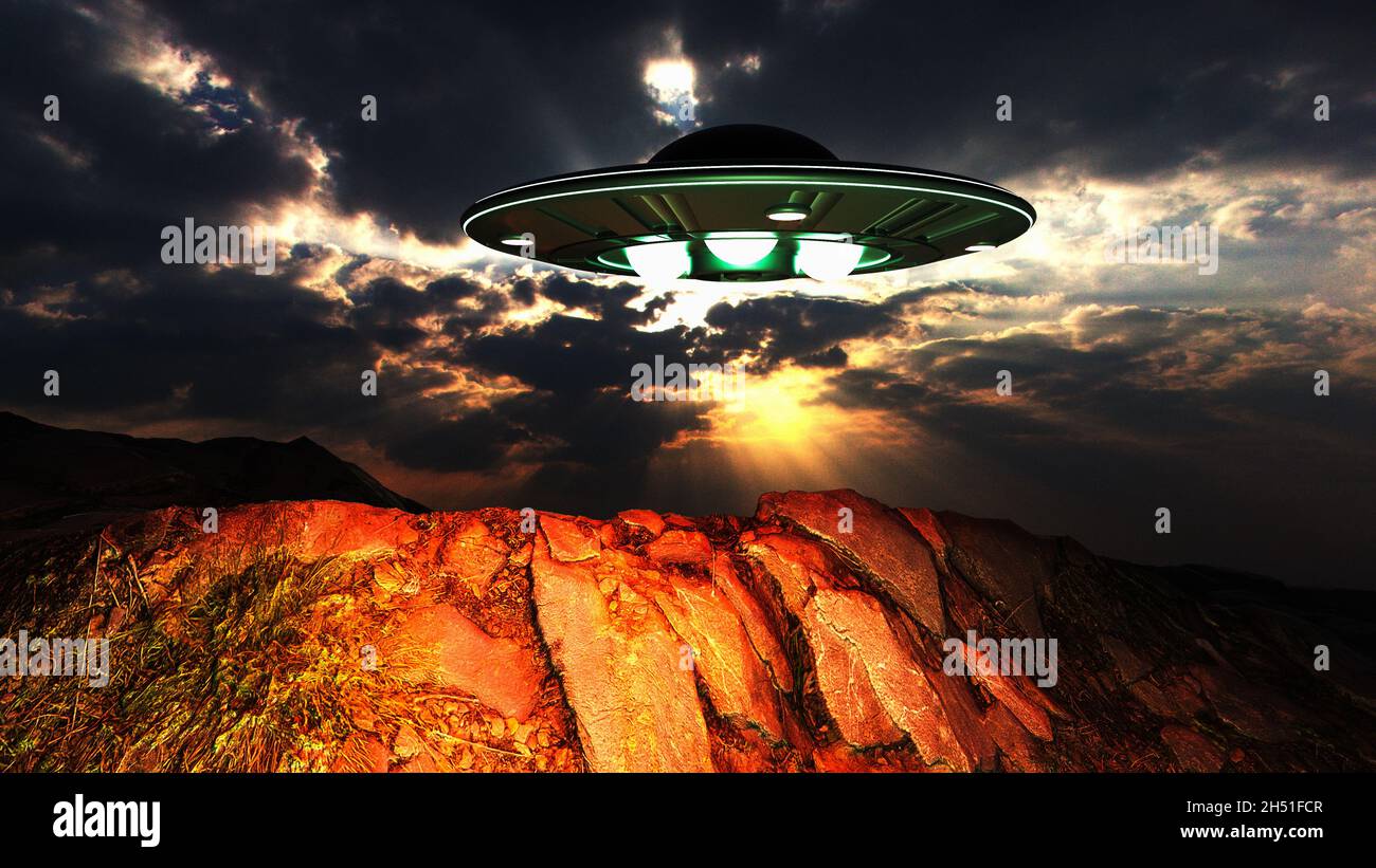 un oggetto volante sconosciuto passa sopra il suolo (rendering 3d) Foto Stock