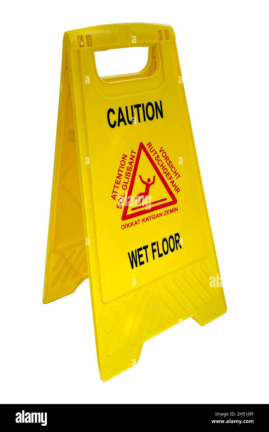 cartello con la scritta attenzione pavimento bagnato, servizio di pulizia, cartello pavimento bagnato vicino piscina o in vacanza Foto Stock