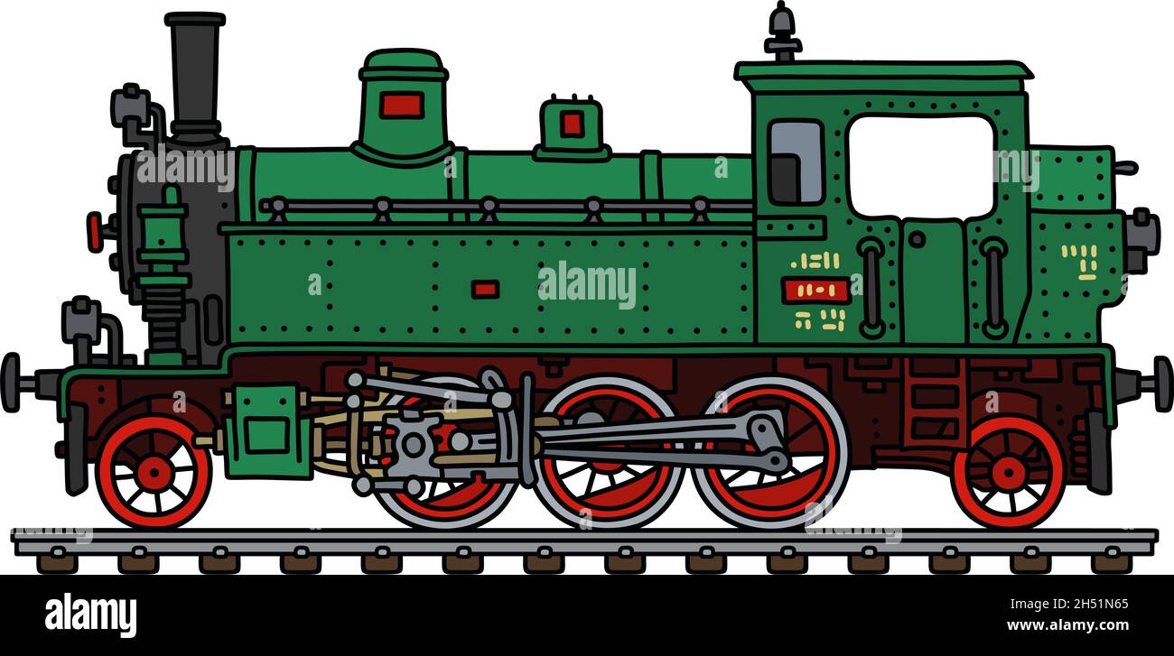 Il disegno a mano vettorizzato di una locomotiva a vapore con motore a serbatoio verde d'epoca Illustrazione Vettoriale