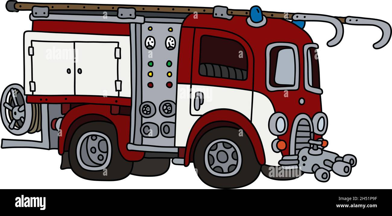 Il disegno a mano vettorizzato di un vecchio camion del fuoco rosso e bianco Illustrazione Vettoriale