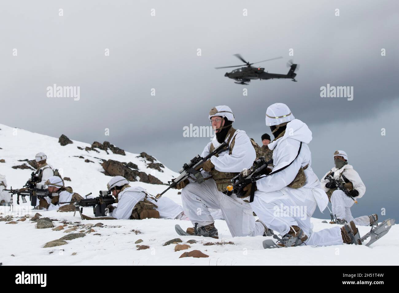 I paracadutisti dell'esercito degli Stati Uniti assegnati alla Troop di Chaos, 1° Squadron, 40° Reggimento di Cavalleria (Airborne), 4° Team di combattimento di Brigata di fanteria (Airborne), 25° Divisione di fanteria, si preparano ad assalire il loro obiettivo mentre conducano un esercizio di addestramento sul campo congiunto per Yudh Abhyas 21 alla base congiunta Elmendorf-Richardson, Alaska, 28 ottobre 2021. Yudh Abhyas 21 sostiene il piano della campagna teatrale USINDOPACOM costruendo la preparazione attraverso impegni bilaterali da mil a mil, costituiti da una dura formazione realistica. (STATI UNITI Air Force foto di Alejandro Peña) Foto Stock