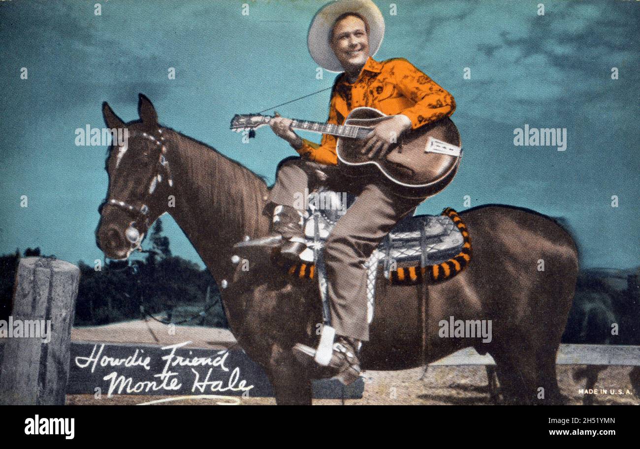 Cartolina ricordo colorata a mano della stella occidentale del cowboy Monte Hale Foto Stock