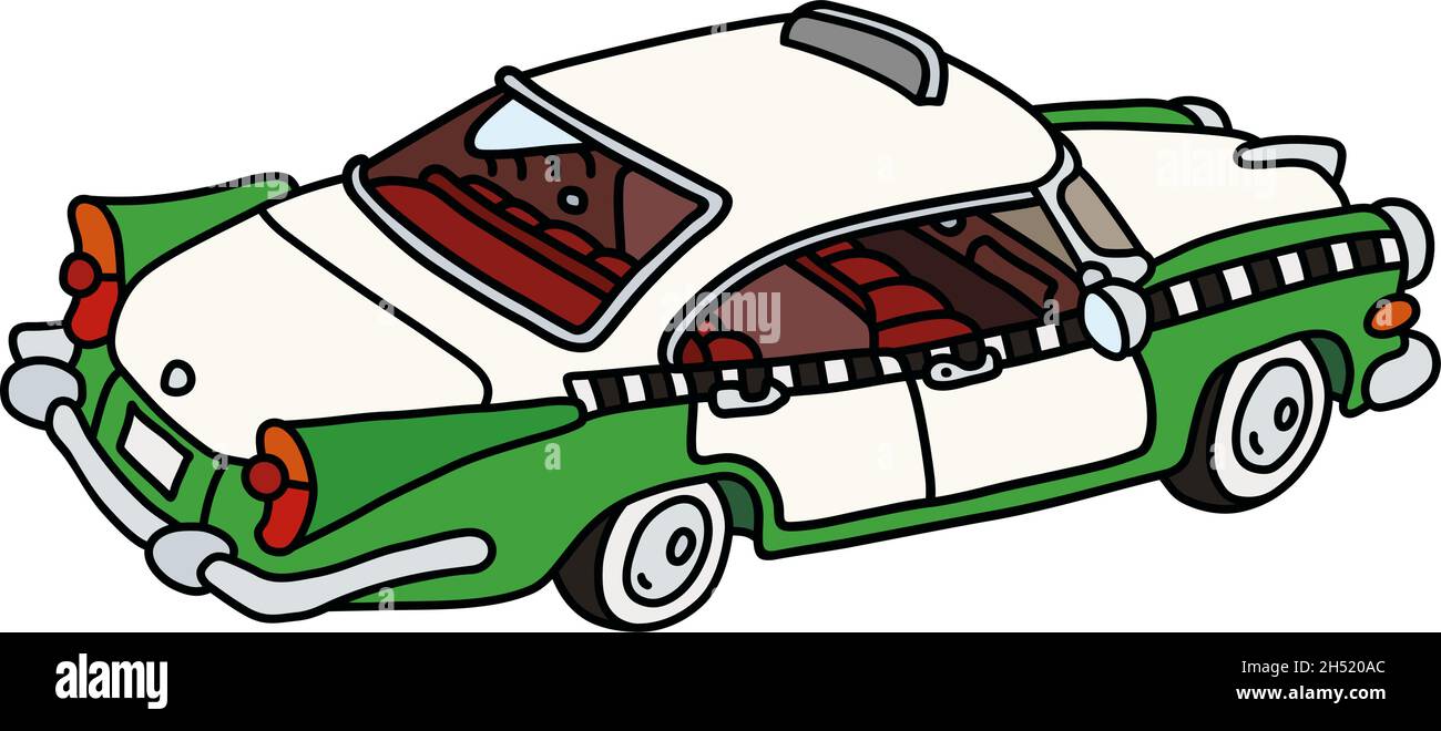 Il disegno a mano vettorizzato di un divertente vecchio taxi verde e bianco Illustrazione Vettoriale