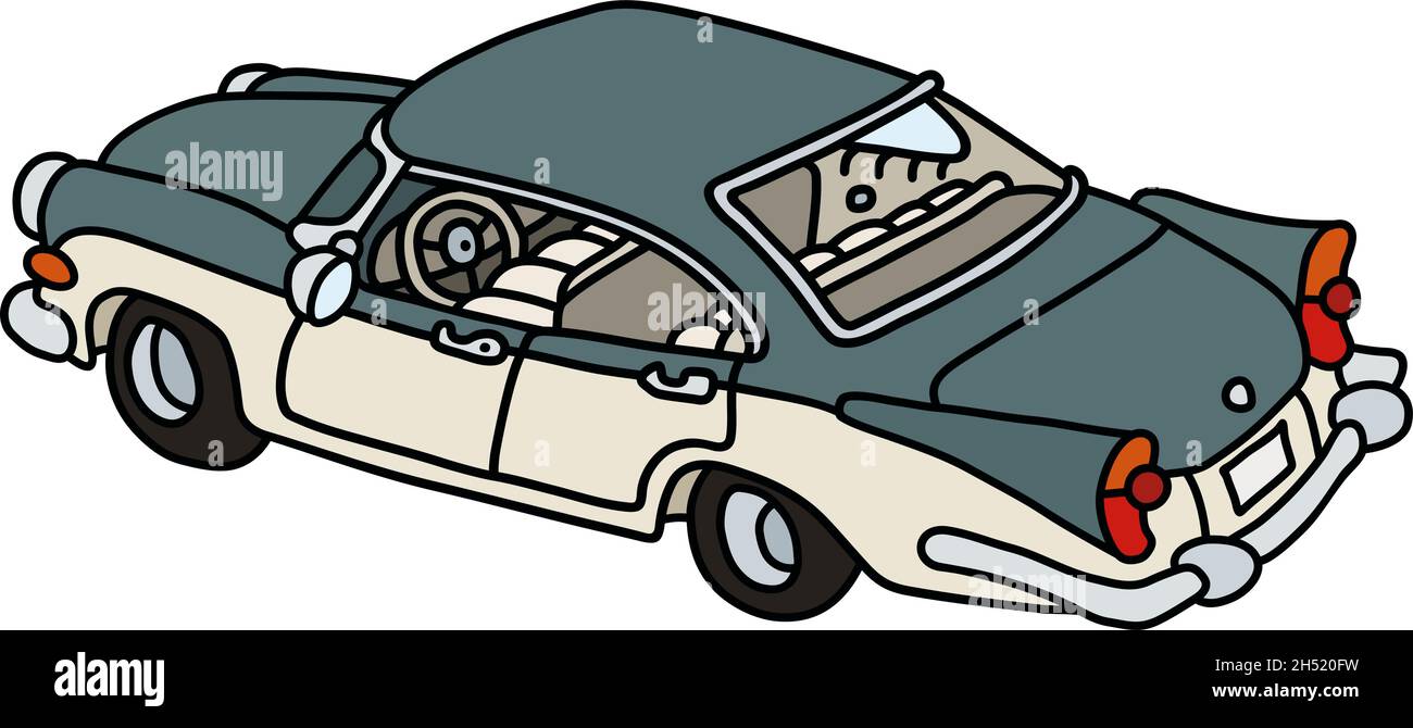 Il disegno a mano vettorizzato di una divertente vecchia auto americana verde e bianca Illustrazione Vettoriale