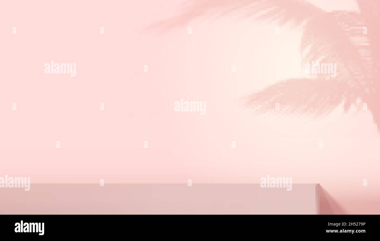 Sfondo rosa con podio per la presentazione del prodotto. Ombra di palma sul muro. Mockup per presentazione ed esposizione. Illustrazione Vettoriale