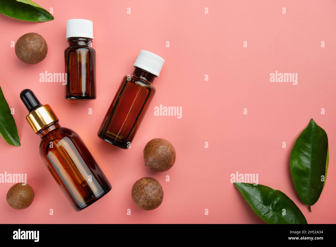 Flaconi contagocce con olio essenziale di noci di macadamia su sfondo rosa disegno piatto con spazio di copia Foto Stock