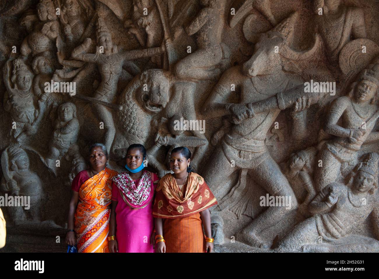 Mamallapuram, India - Agosto 2021: Il sito archeologico di Mamallapuram è famoso per i templi scolpiti nella pietra. La dea Durga. Foto Stock