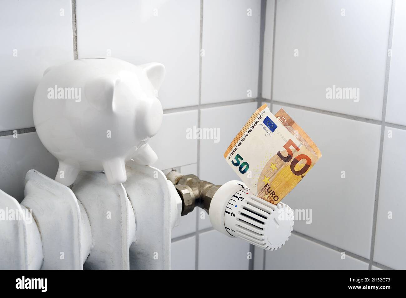 Piggy banca seduta su un radiatore e una banconota in euro nel termostato, concetto di home finance per l'aumento dei costi di riscaldamento, spazio copia, fuoco selezionato, na Foto Stock