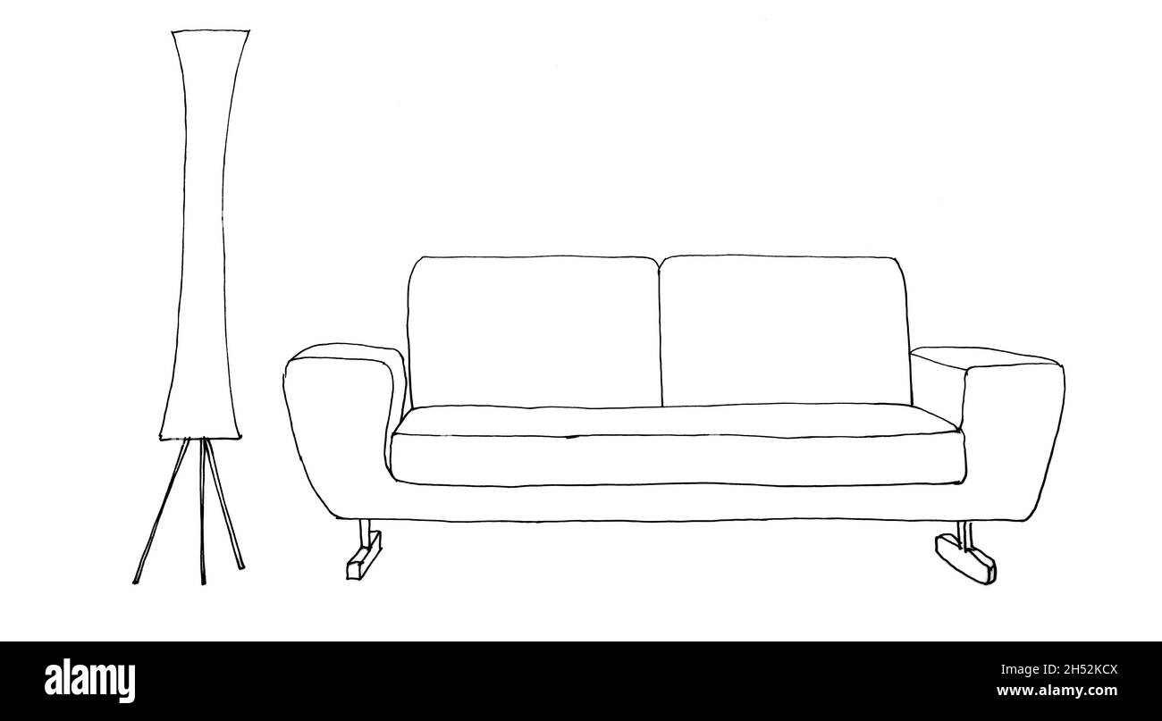 Disegno grafico di una stanza interna, lampada da pavimento del divano, rivestimento Foto Stock