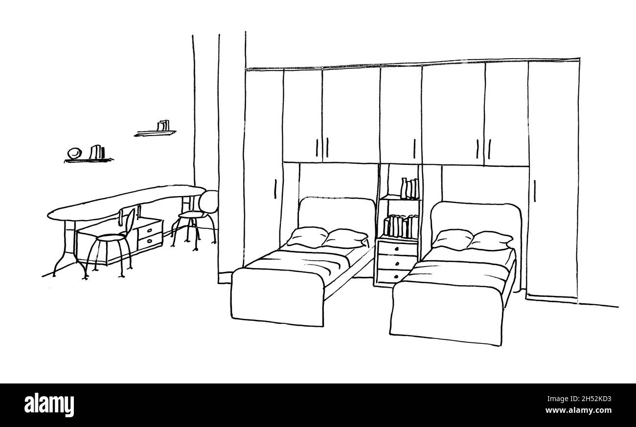 Disegno grafico di una camera interna per bambini per due, letti, tavolo doppio, guardaroba, rivestimento Foto Stock