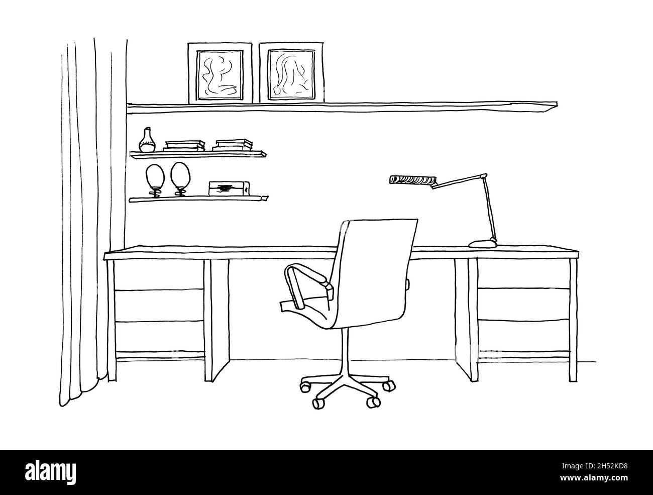 Disegno grafico di un ambiente di lavoro interno, scrivania, sedia da  ufficio, rivestimento Foto stock - Alamy