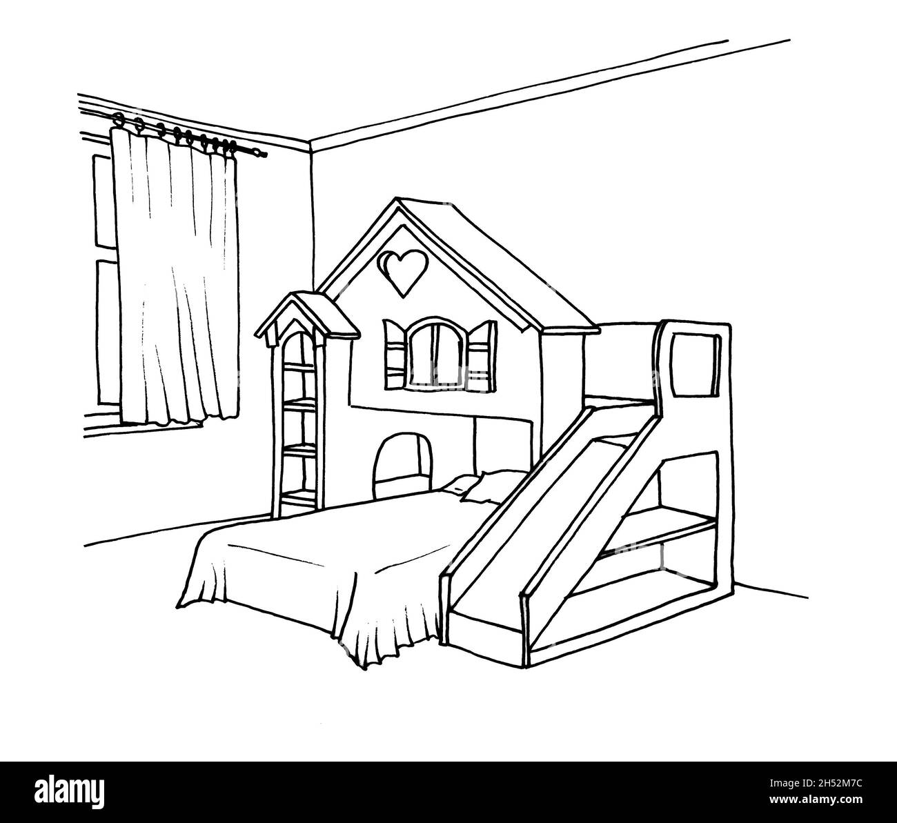 Disegno grafico di una stanza interna per bambini con una casa da gioco Foto Stock