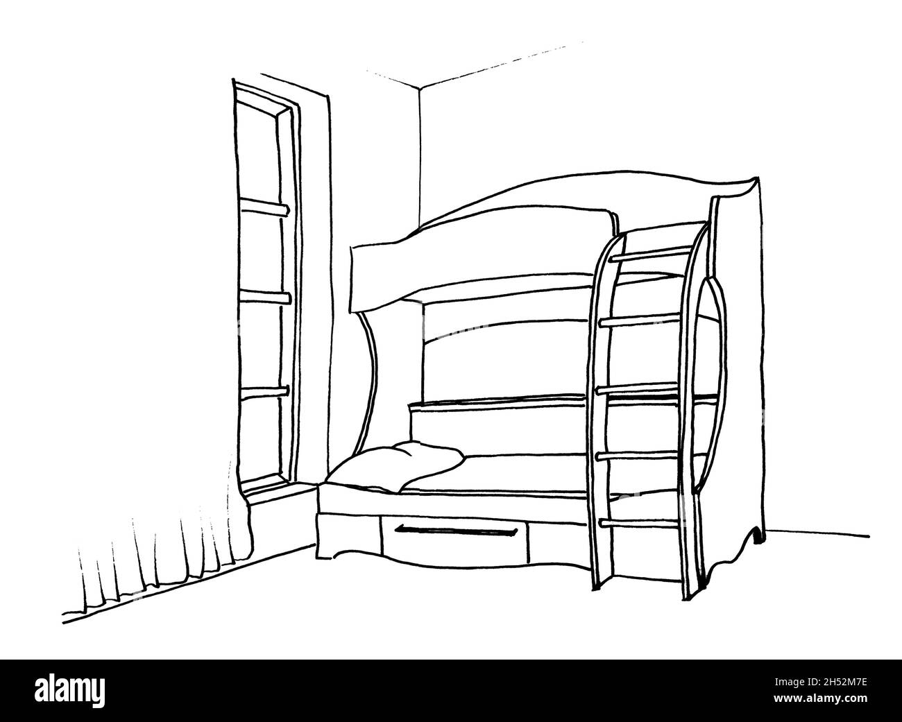 Disegno grafico di una camera interna per bambini letto a castello con scale Foto Stock