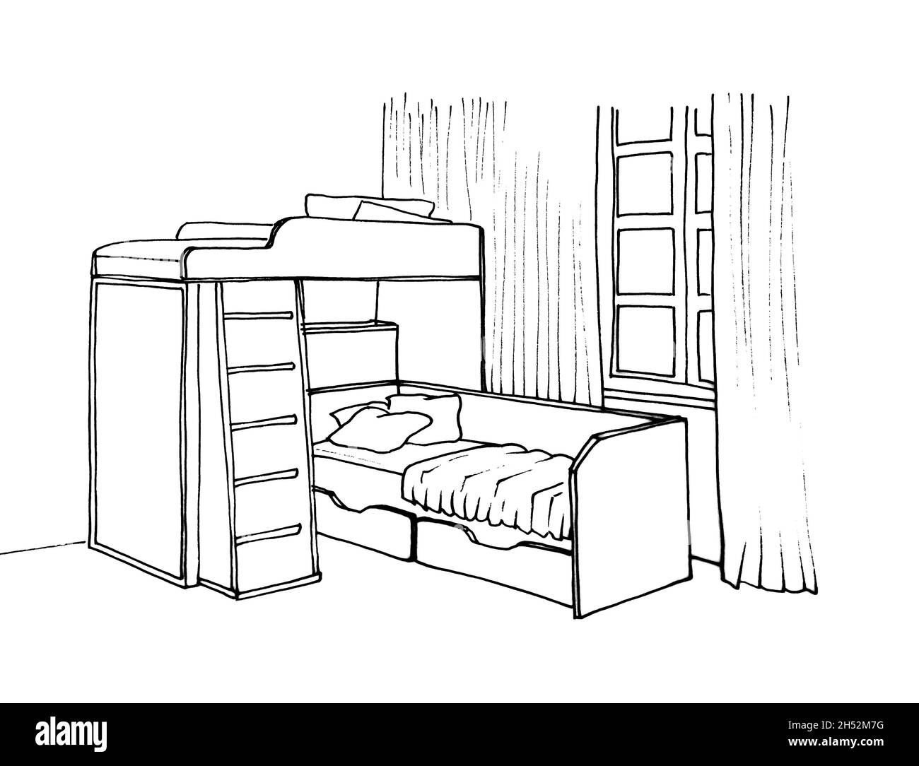 Disegno grafico di una camera interna per bambini letto a castello con scale, finestra Foto Stock