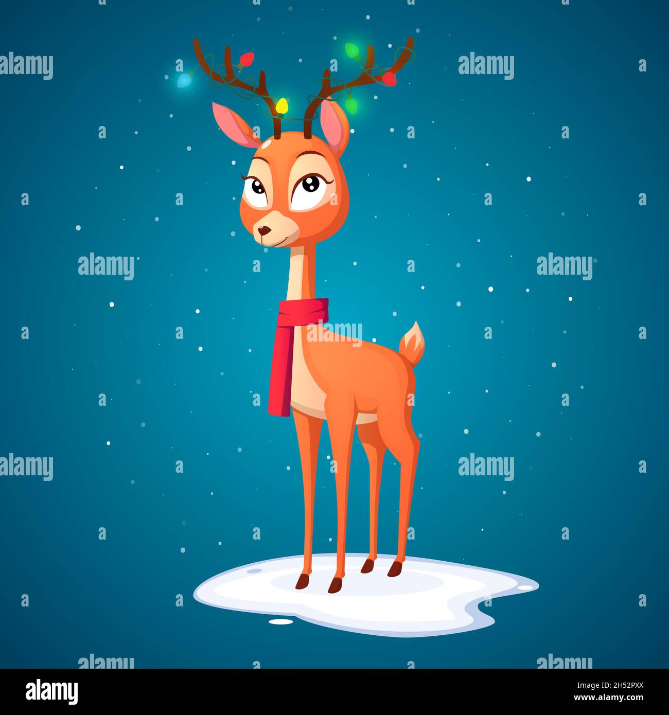 Carino femmina cartoon Reindeer indossa sciarpa rossa e lampade natalizie Premium Vector Illustrazione Vettoriale