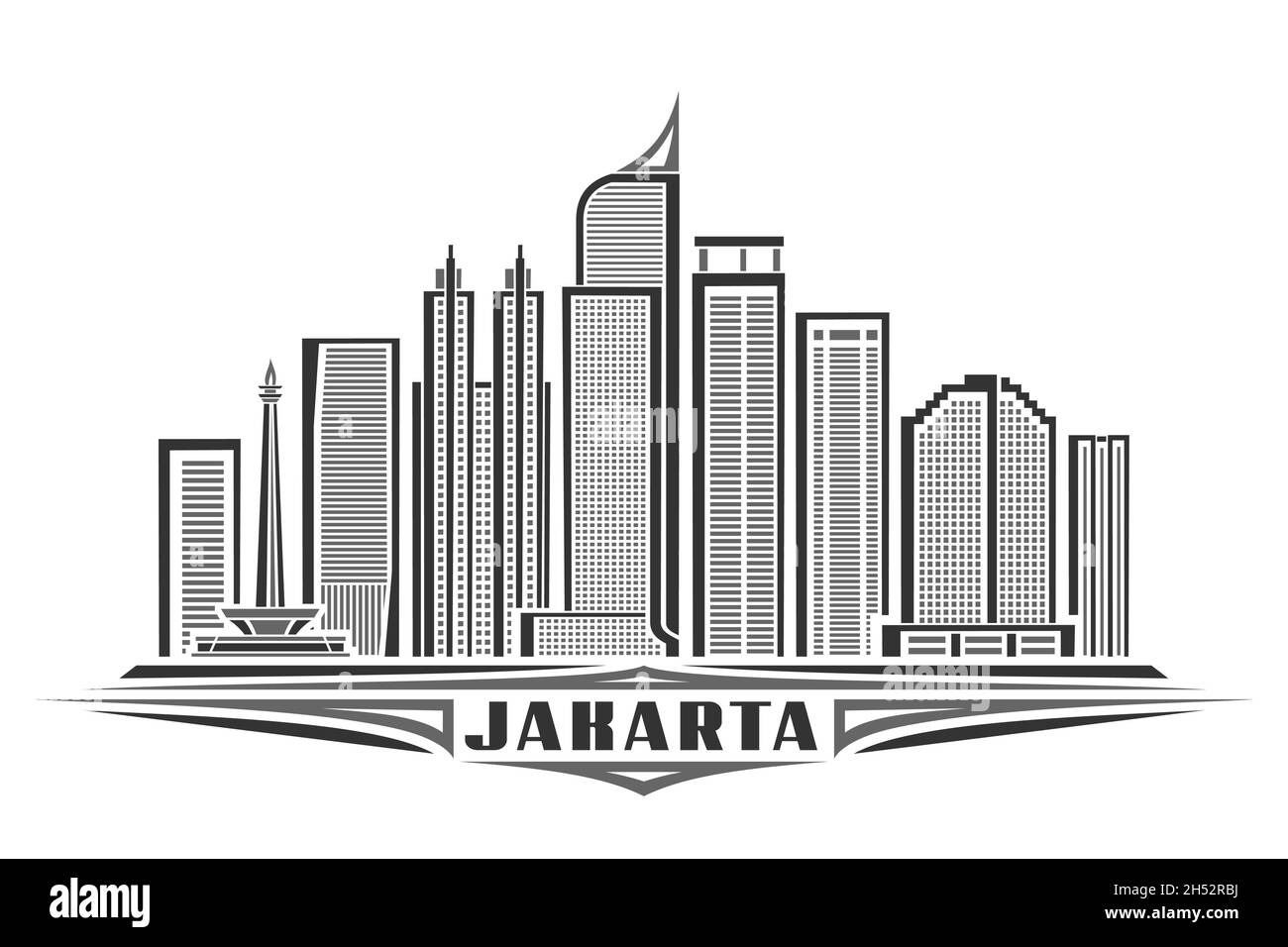 Illustrazione vettoriale di Jakarta, poster orizzontale monocromatico con disegno lineare famoso paesaggio cittadino di jakarta, concetto urbano di arte di linea con lett decorativo Illustrazione Vettoriale