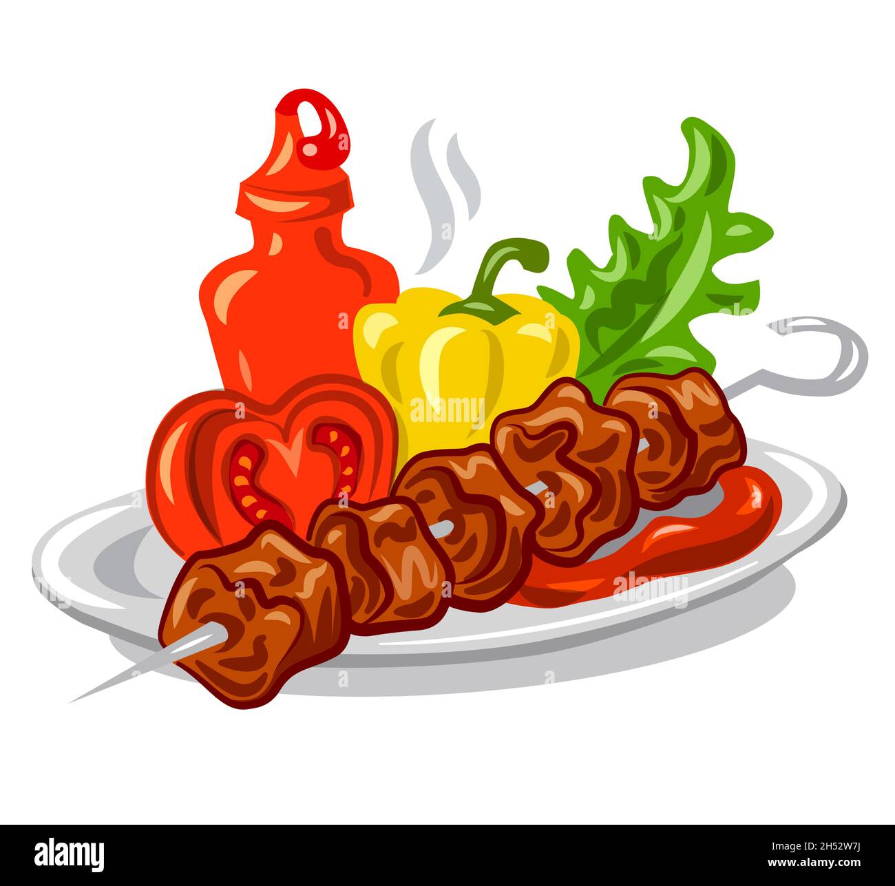 illustrazione del kebab caldo alla griglia con ketchup di pomodoro, verdure e insalata Illustrazione Vettoriale