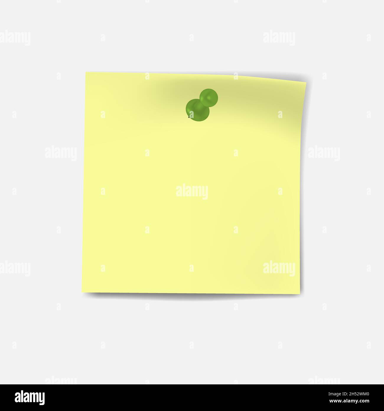 Foglio bianco giallo con spilla verde. Nota importante con l'asta di spinta. Adesivo per appunti. Promemoria, modello vettoriale. Illustrazione Vettoriale