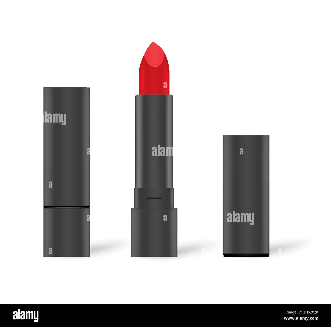 Rossetto rosso classico in tubo nero, mockup. Aperto e chiuso. LIP rouge isolato su sfondo bianco, illustrazione vettoriale Illustrazione Vettoriale