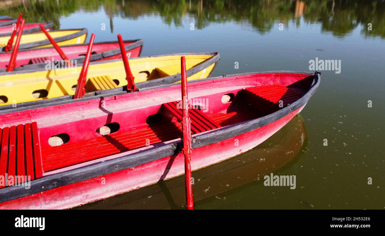 Barche a remi d'epoca rosse e gialle su acqua verde di riserva che riflettono gli alberi di un parco Foto Stock