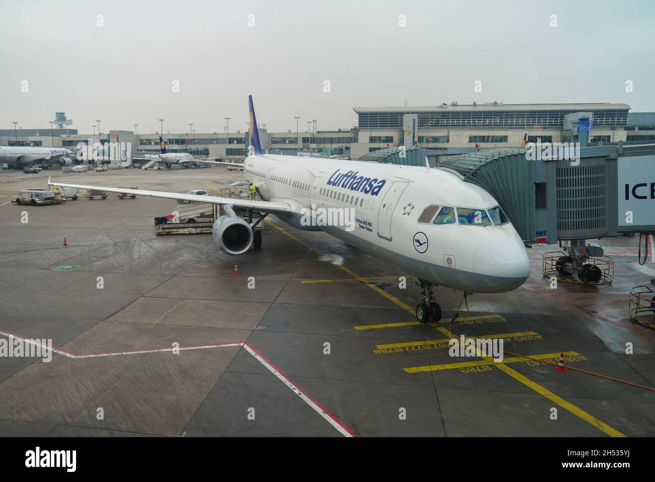 FRANCOFORTE AM MAIN, GERMANIA - 31 DICEMBRE 2014: Aircraft Airbas A321 di Lufthansa Airlines sull'aeroporto di Francoforte sul meno il prossimo dicembre nuvoloso Foto Stock