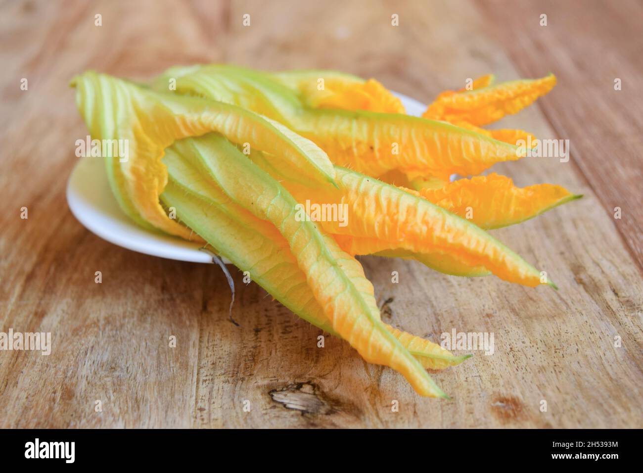 fiori di zucchine appena raccolti su un tavolo di legno Foto Stock