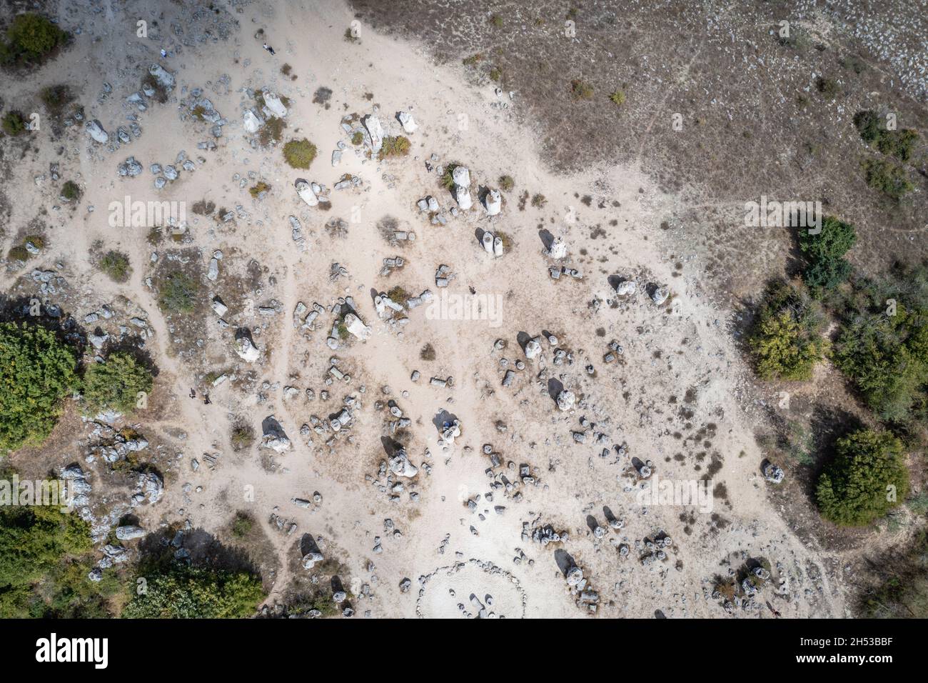 Veduta aerea di Pobiti Kamani - pietre piantate anche chiamato deserto di pietra, fenomeno roccioso tipo deserto nella provincia di Varna in Bulgaria Foto Stock