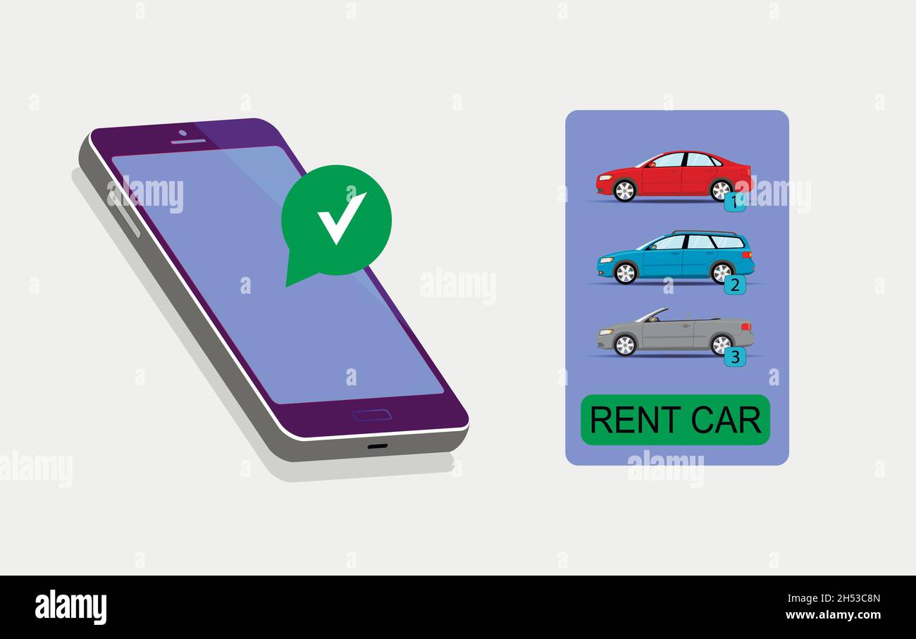 Noleggio auto online. Immagine isometrica di uno smartphone con applicazione di noleggio auto online. Illustrazione Vettoriale