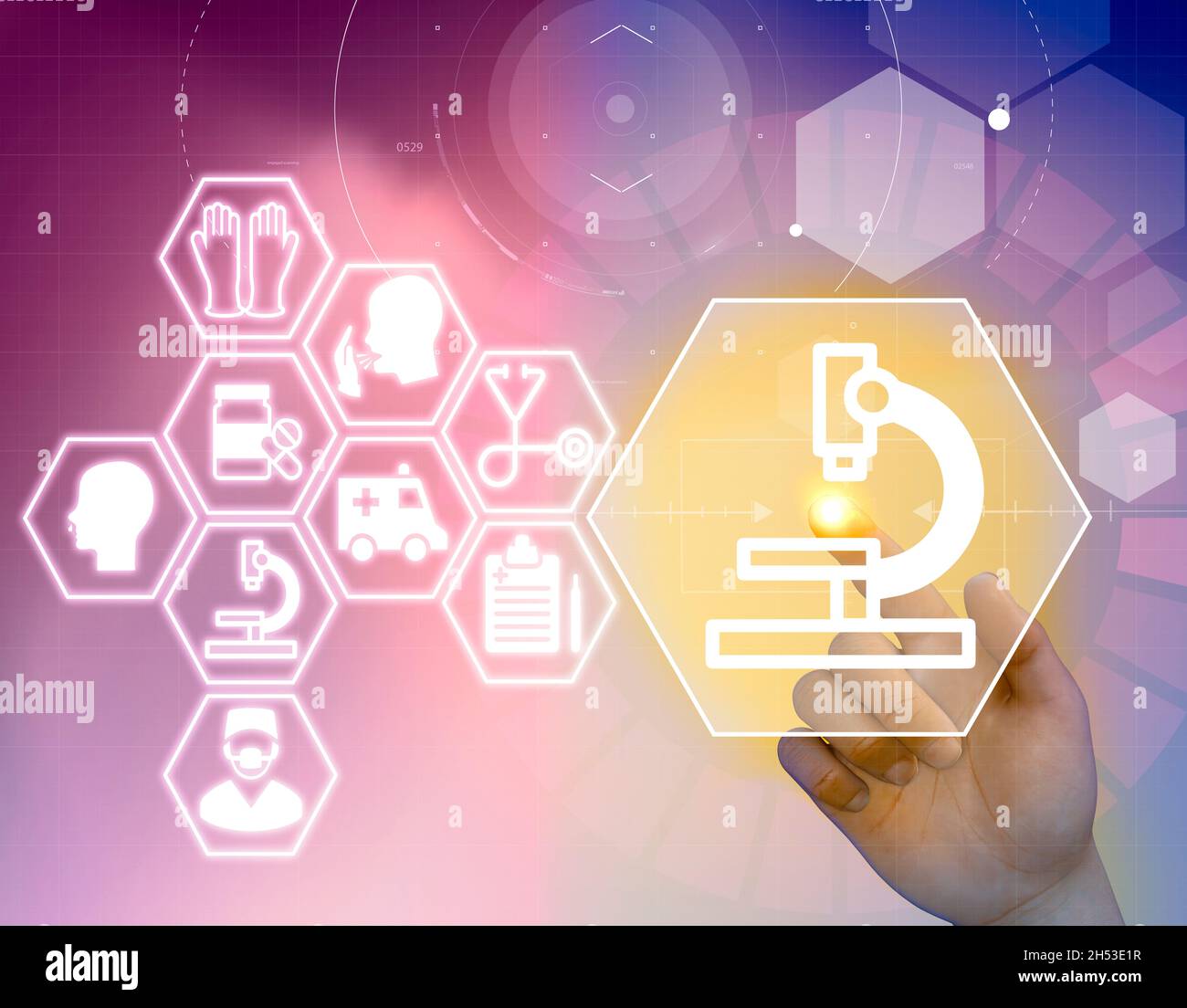 Ricerca scientifica, scoperte. Logo per il settore sanitario, display interattivo HUD, schermo a sfioramento. Interventi sanitari, emergenza coronavirus, Covid-19 Foto Stock