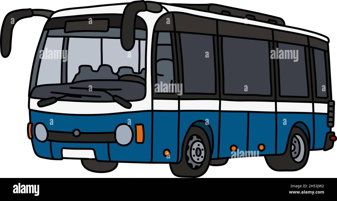 Il disegno vettorializzato a mano di un autobus cittadino blu e bianco Illustrazione Vettoriale