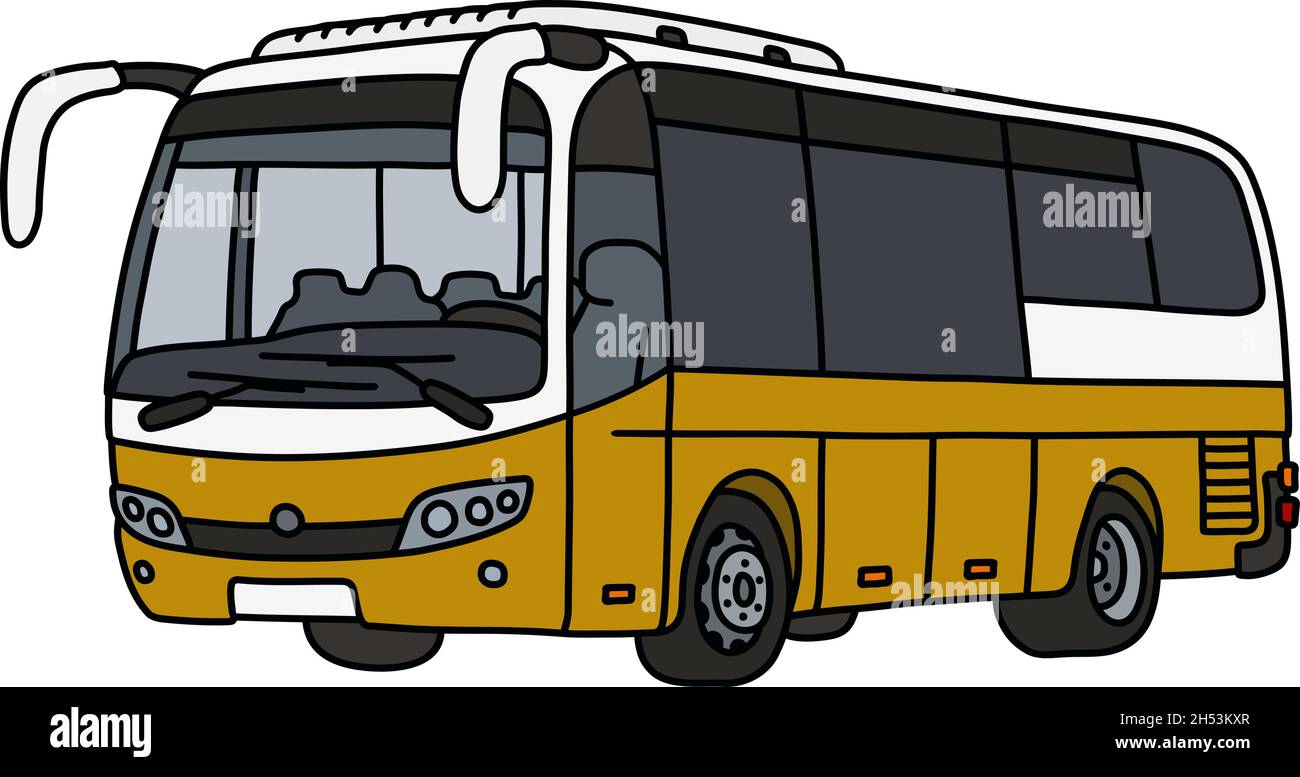 Il disegno a mano vettorizzato di un autobus giallo e bianco Illustrazione Vettoriale