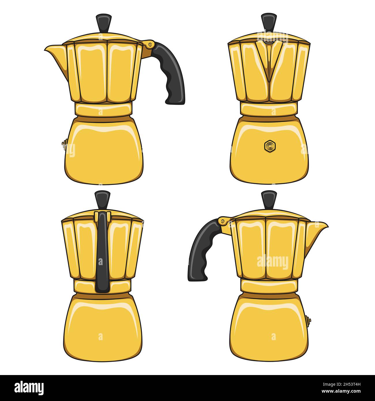 Set di illustrazioni di macchine da caffè Golden geyser. Oggetti colorati vettoriali isolati su sfondo bianco. Illustrazione Vettoriale