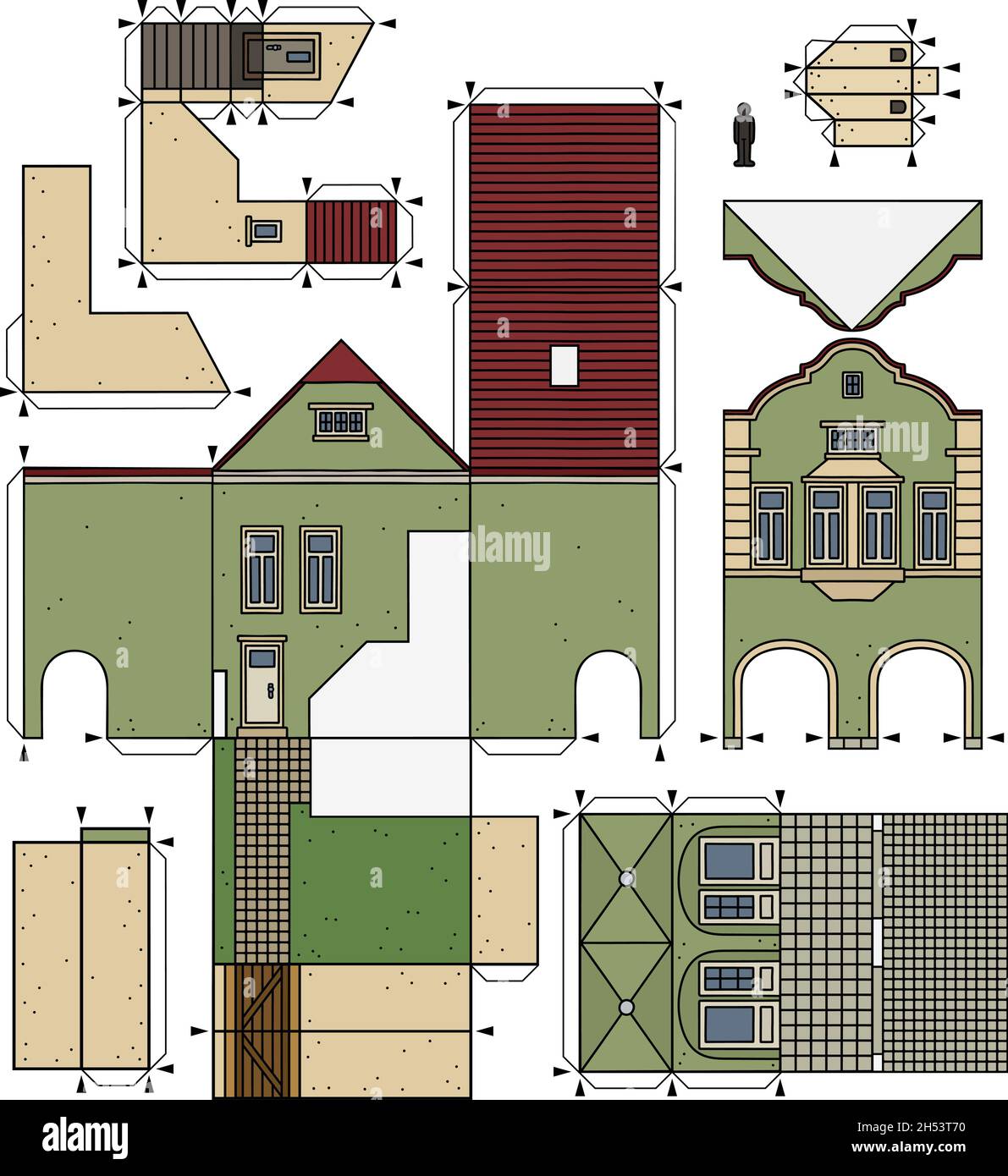 Il disegno a mano vettorizzato di un modello cartaceo della vecchia casa di hamburger verde città Illustrazione Vettoriale