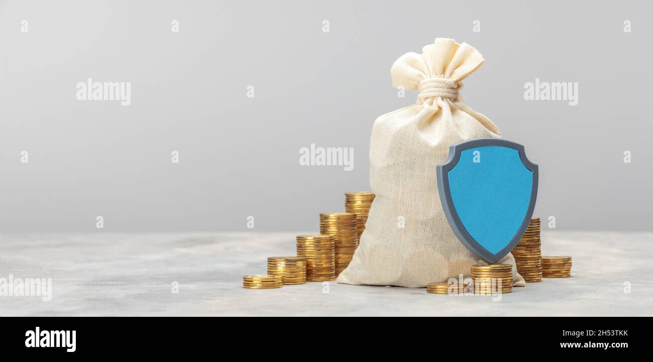 Protezione dei risparmi. Borsa di denaro e scudo come simbolo di protezione. Spazio di copia del modello per il testo. Foto Stock