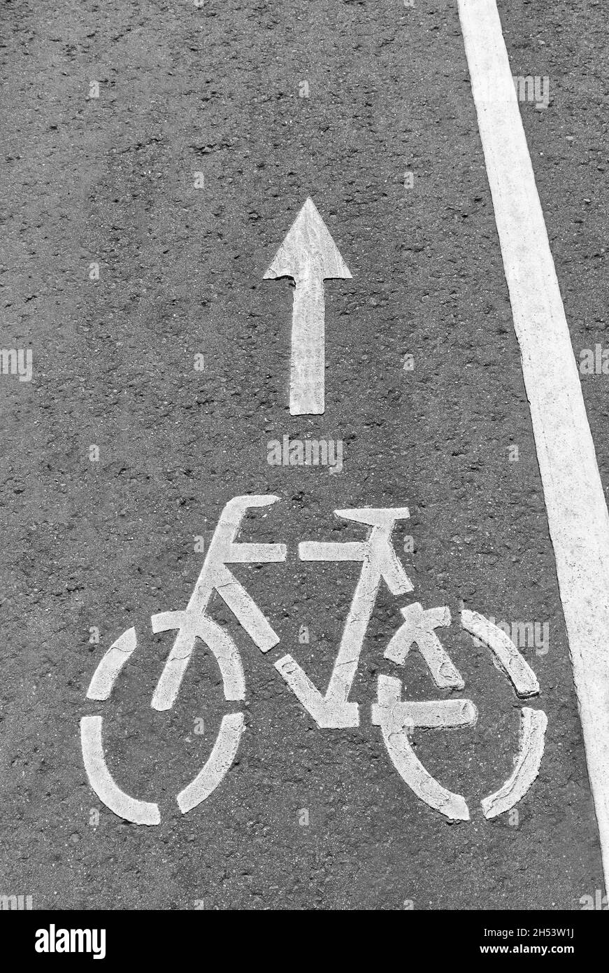 Cartello della bicicletta dipinto a vernice sull'asfalto del percorso ciclabile nel parco Foto Stock