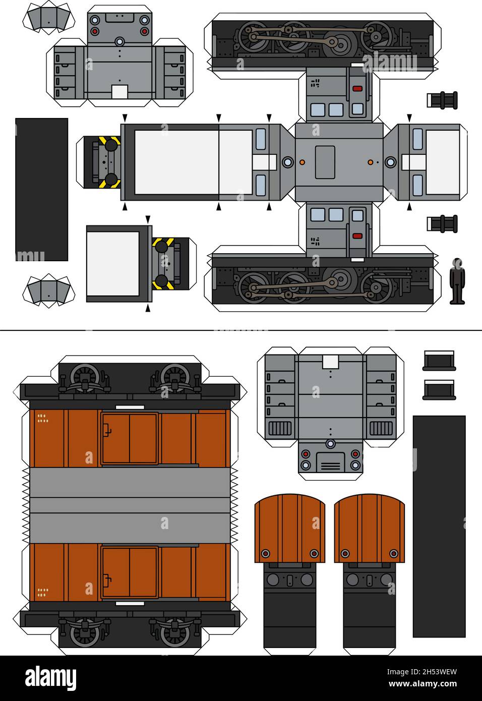 Il modello di carta vettoriale di una piccola locomotiva diesel grigia d'epoca e di un carro merci marrone Illustrazione Vettoriale