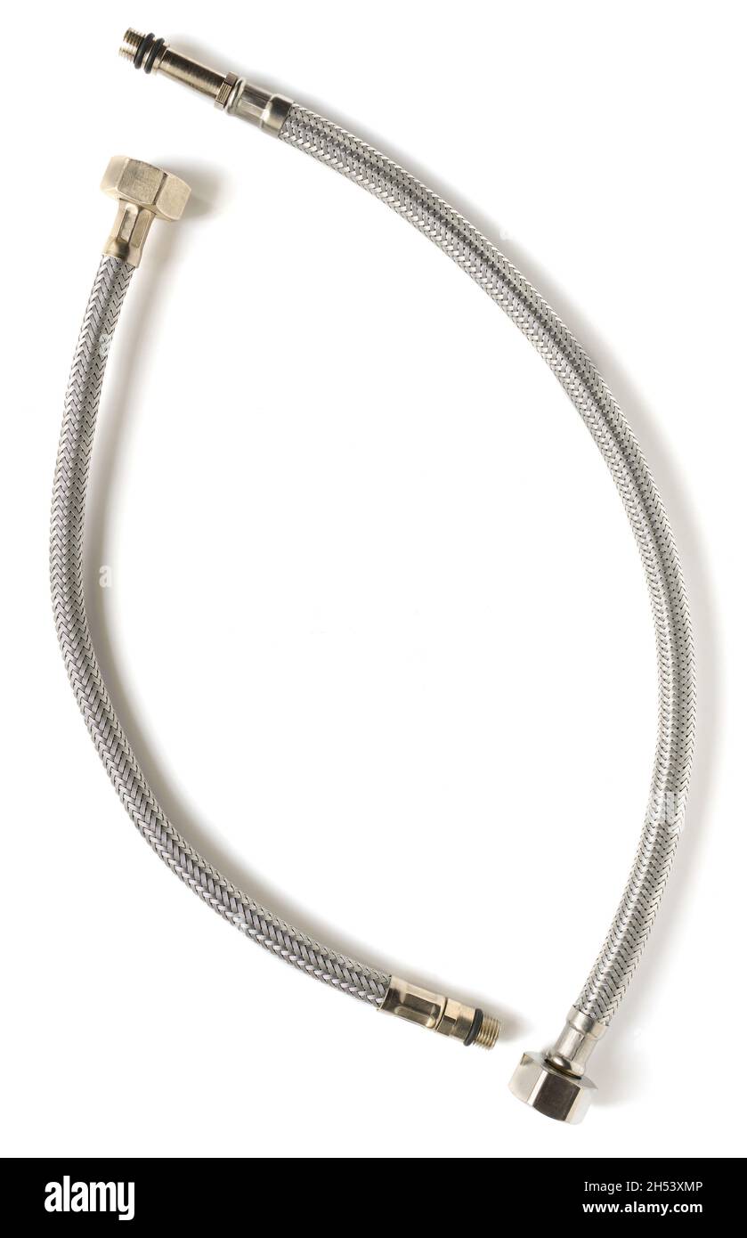 Due tubi flessibili sanitari su sfondo bianco Foto Stock