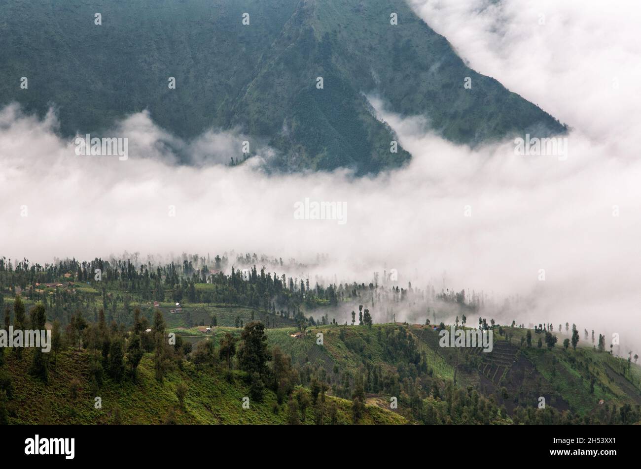 Nuvole e montagna sull'isola di Java vicino a Cemoro Lawang, Indonesia Foto Stock