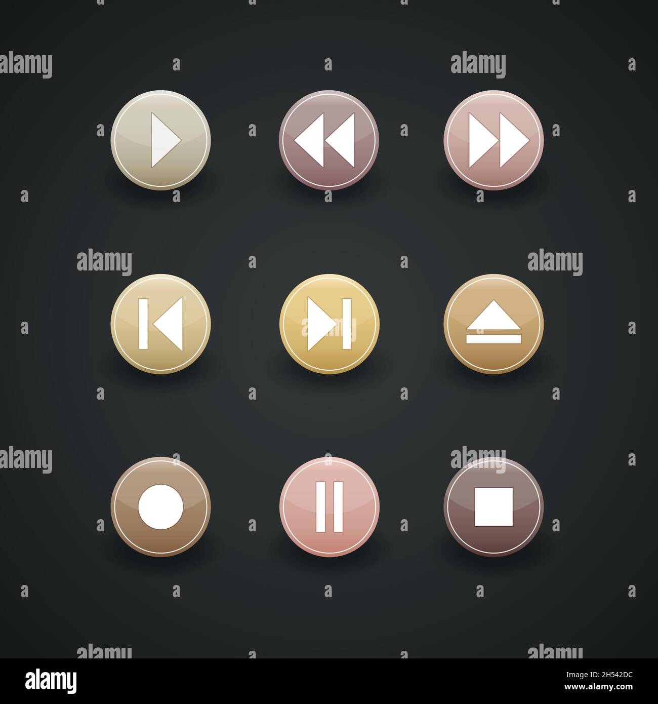 Icone Web del lettore multimediale, pulsanti circolari colorati Illustrazione Vettoriale