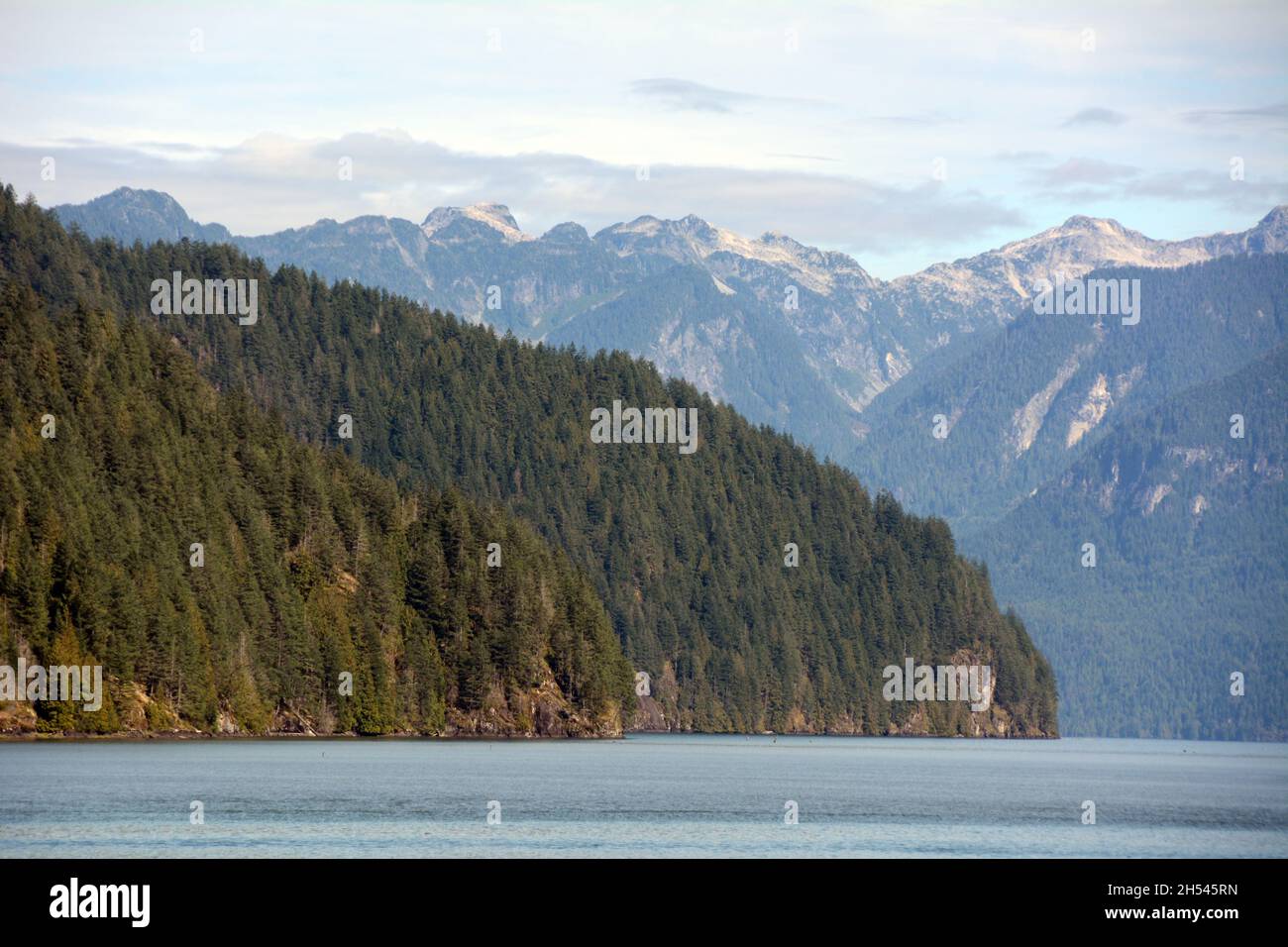 Pitt Lake, uno dei più grandi laghi di marea del mondo, e le montagne della catena Garibaldi, vicino a Pitt Meadows, British Columbia, Canada. Foto Stock