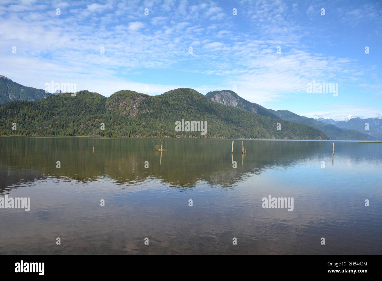 Pitt Lake, uno dei più grandi laghi di marea del mondo, e le montagne della catena Garibaldi, vicino a Pitt Meadows, British Columbia, Canada. Foto Stock
