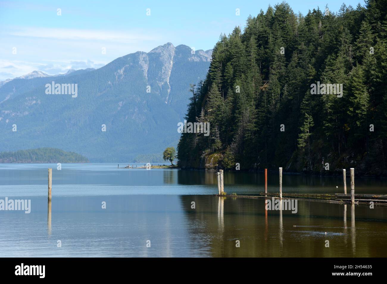 Pitt Lake, uno dei più grandi laghi di marea del mondo, e le montagne della catena Garibaldi, vicino a Pitt Meadows, British Columbia, Canada. Foto Stock