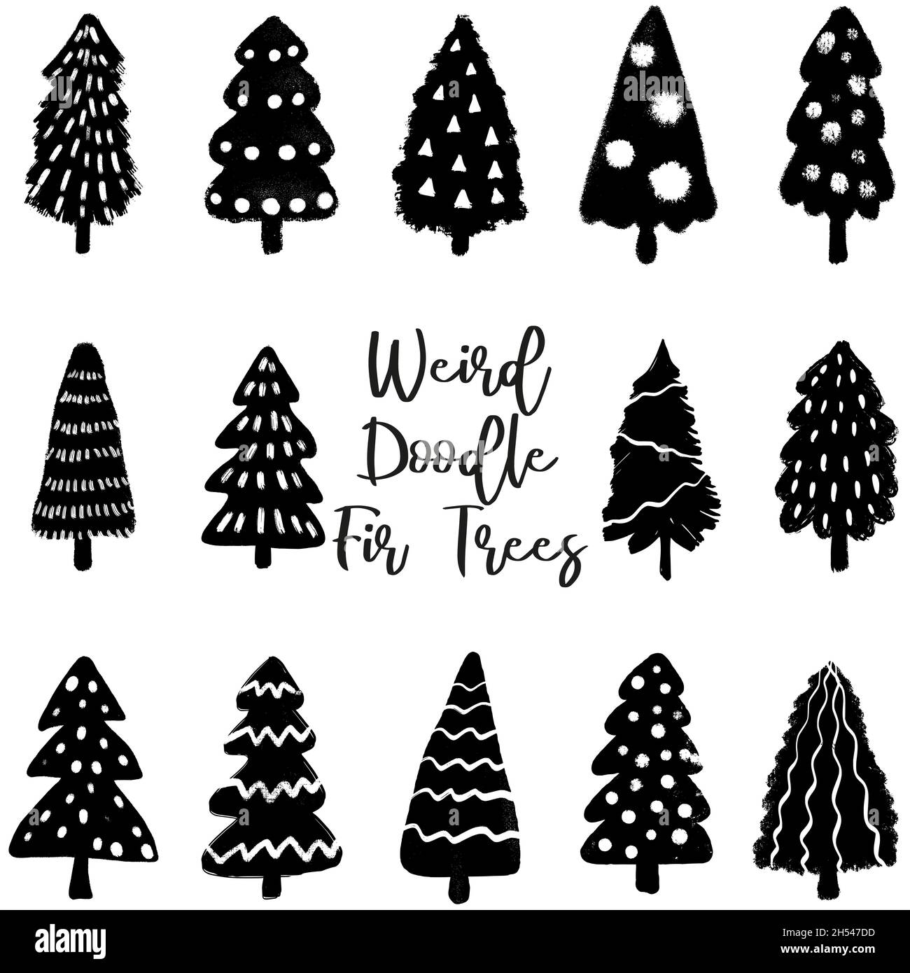 Doodle alberi di abete disegnati a mano set. Semplice collezione di alberi di Natale. Illustrazione Vettoriale
