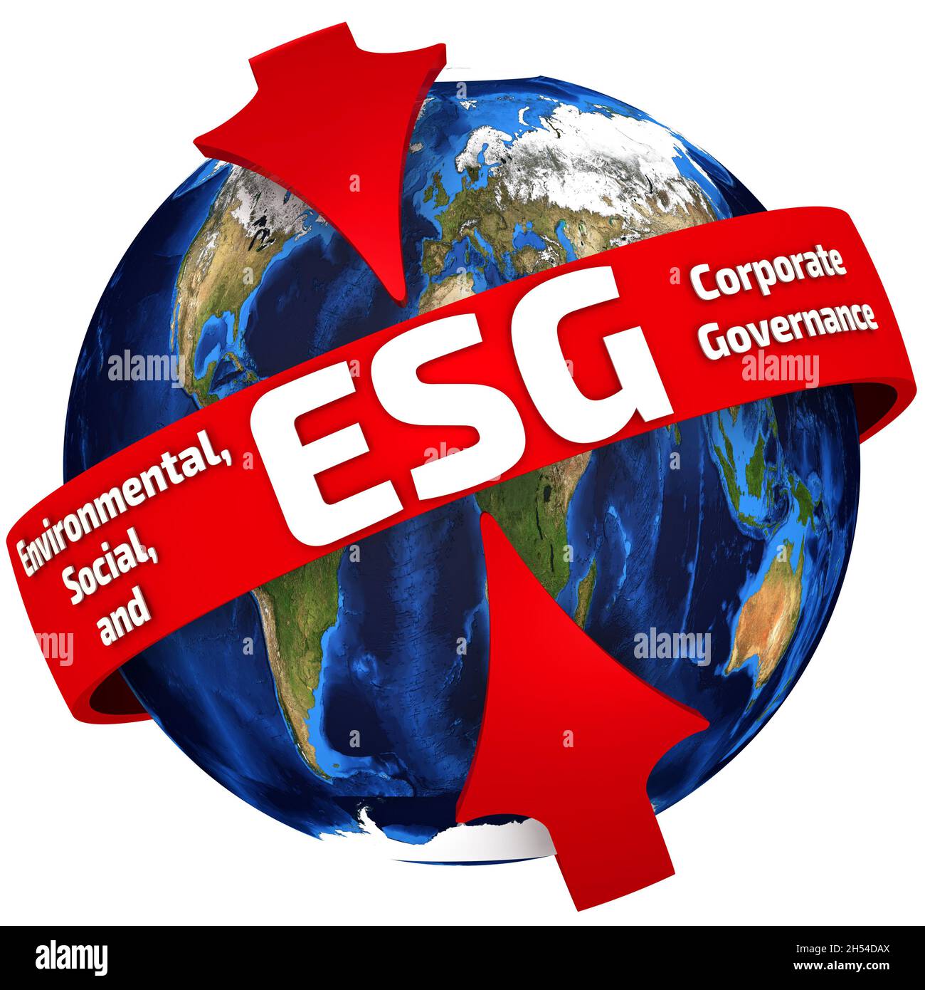 Le frecce rosse puntano al testo bianco ESG - Environmental, Social and Corporate Governance sulla burocrazia sullo sfondo del Globe Foto Stock