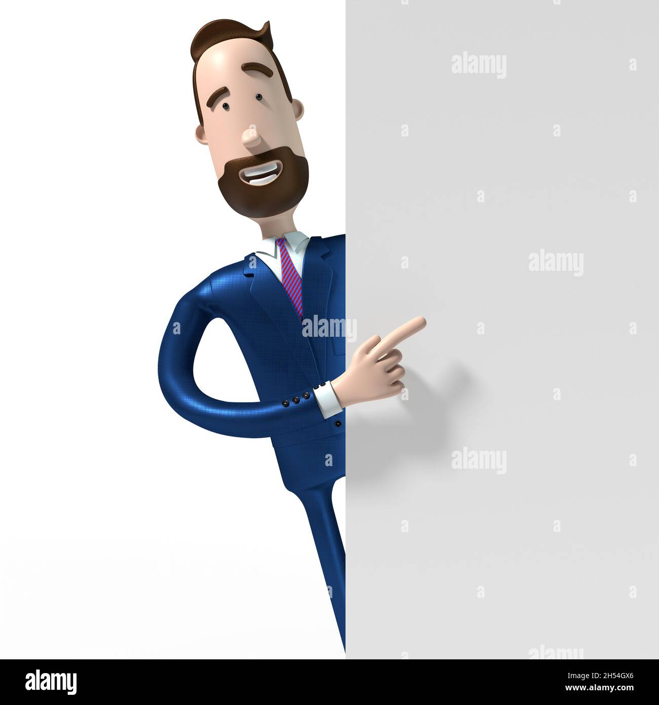 Bel fumetto uomo d'affari in piedi sul bordo del muro e puntando con un dito, sfondo bianco - illustrazione 3D Foto Stock